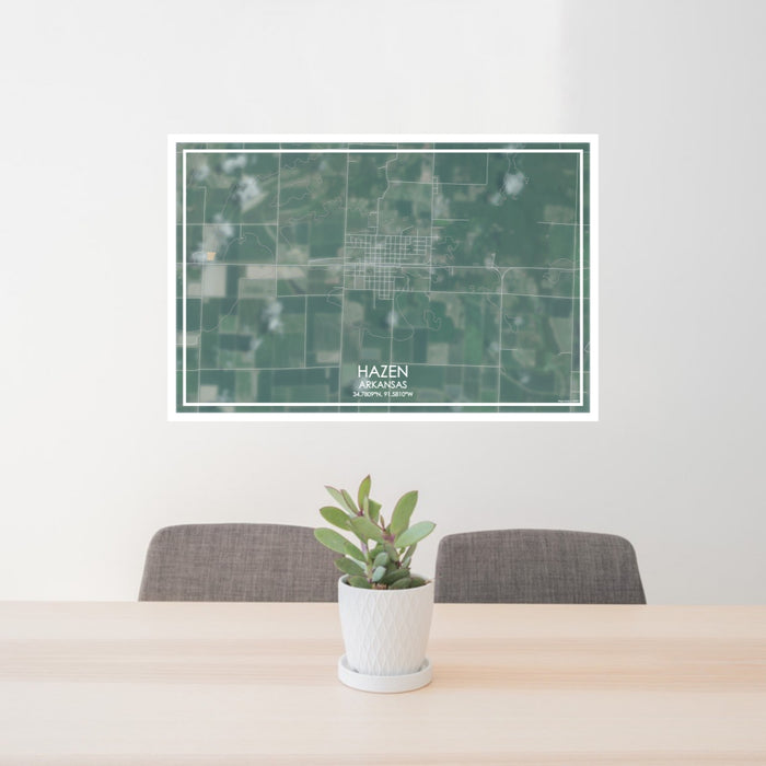 24x36 Hazen Arkansas Map Print Lanscape Orientation in Afternoon Style Behind 2 Chairs Table and Potted Plant