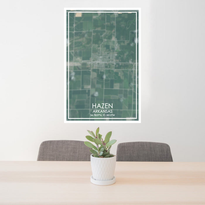 24x36 Hazen Arkansas Map Print Portrait Orientation in Afternoon Style Behind 2 Chairs Table and Potted Plant