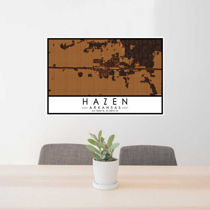 24x36 Hazen Arkansas Map Print Lanscape Orientation in Ember Style Behind 2 Chairs Table and Potted Plant
