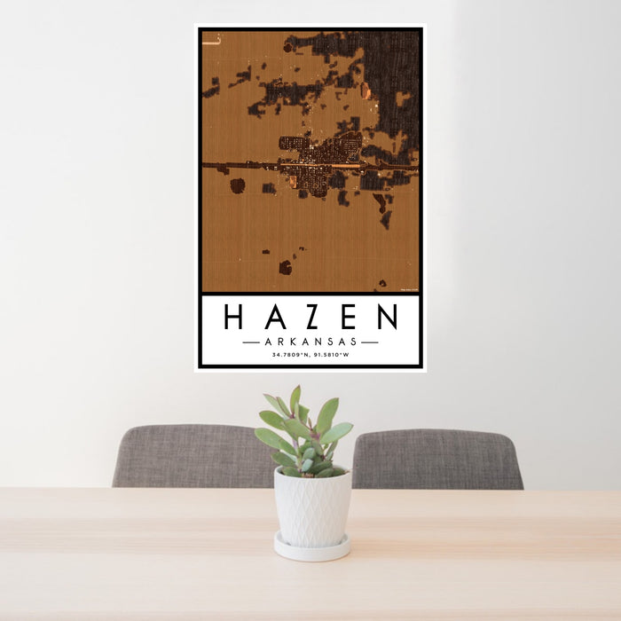 24x36 Hazen Arkansas Map Print Portrait Orientation in Ember Style Behind 2 Chairs Table and Potted Plant