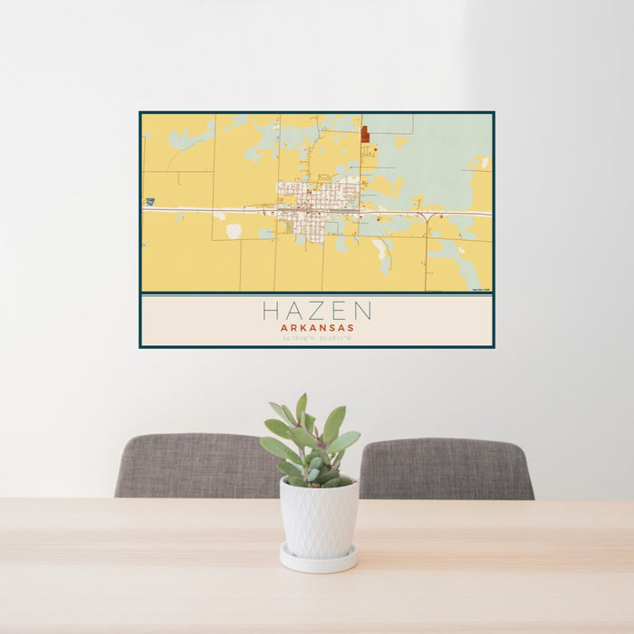 24x36 Hazen Arkansas Map Print Lanscape Orientation in Woodblock Style Behind 2 Chairs Table and Potted Plant