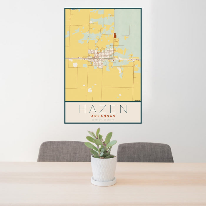 24x36 Hazen Arkansas Map Print Portrait Orientation in Woodblock Style Behind 2 Chairs Table and Potted Plant