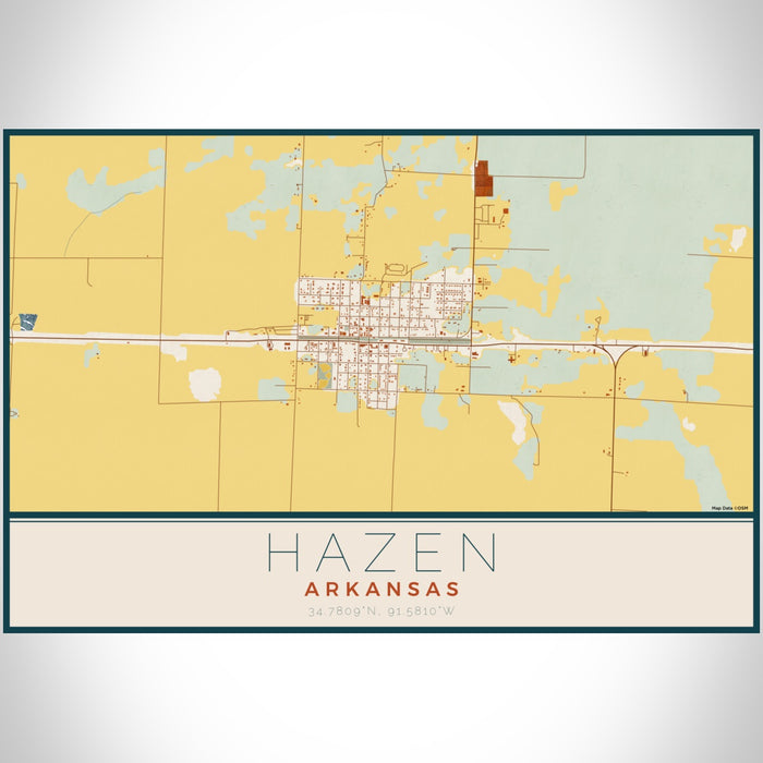 Hazen Arkansas Map Print Landscape Orientation in Woodblock Style With Shaded Background