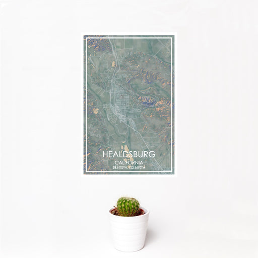 12x18 Healdsburg California Map Print Portrait Orientation in Afternoon Style With Small Cactus Plant in White Planter