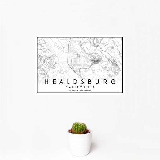 12x18 Healdsburg California Map Print Landscape Orientation in Classic Style With Small Cactus Plant in White Planter