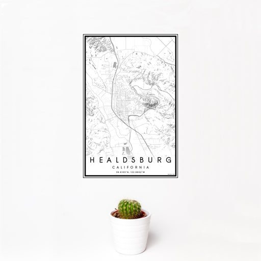 12x18 Healdsburg California Map Print Portrait Orientation in Classic Style With Small Cactus Plant in White Planter