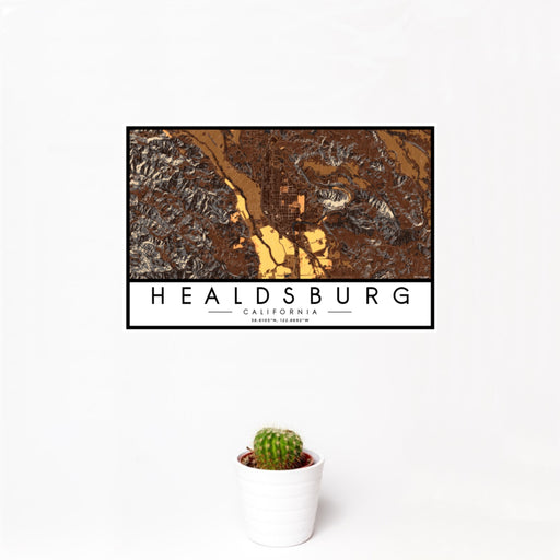 12x18 Healdsburg California Map Print Landscape Orientation in Ember Style With Small Cactus Plant in White Planter