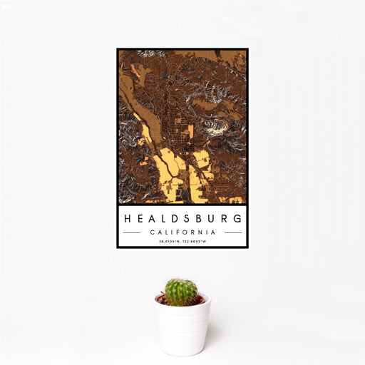 12x18 Healdsburg California Map Print Portrait Orientation in Ember Style With Small Cactus Plant in White Planter