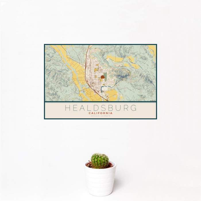 12x18 Healdsburg California Map Print Landscape Orientation in Woodblock Style With Small Cactus Plant in White Planter