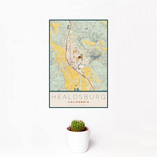 12x18 Healdsburg California Map Print Portrait Orientation in Woodblock Style With Small Cactus Plant in White Planter