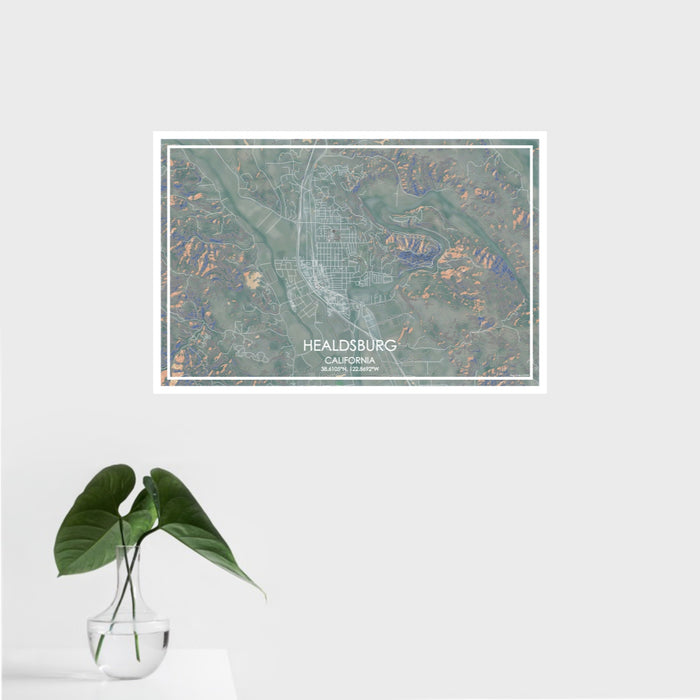 16x24 Healdsburg California Map Print Landscape Orientation in Afternoon Style With Tropical Plant Leaves in Water