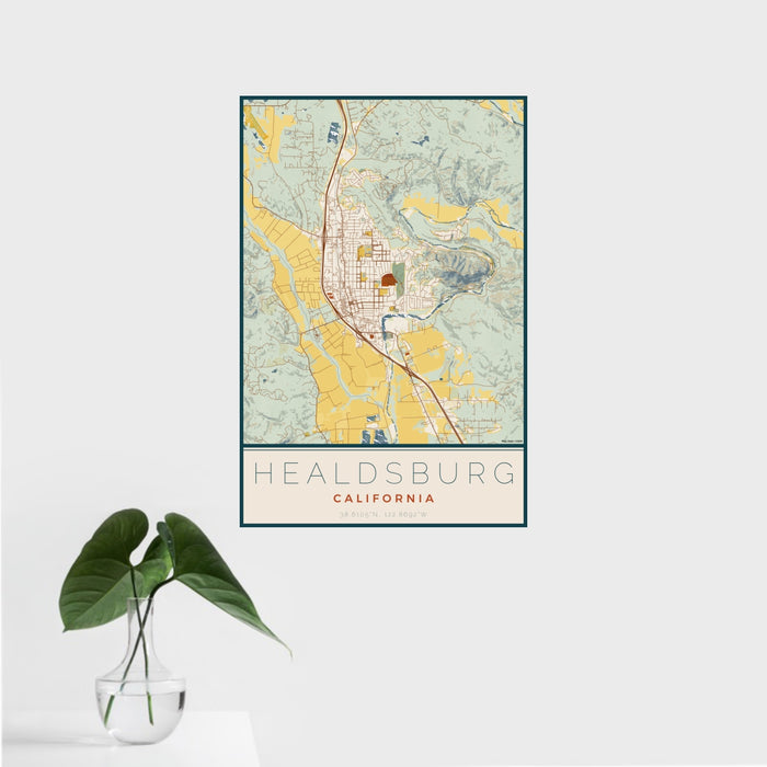 16x24 Healdsburg California Map Print Portrait Orientation in Woodblock Style With Tropical Plant Leaves in Water