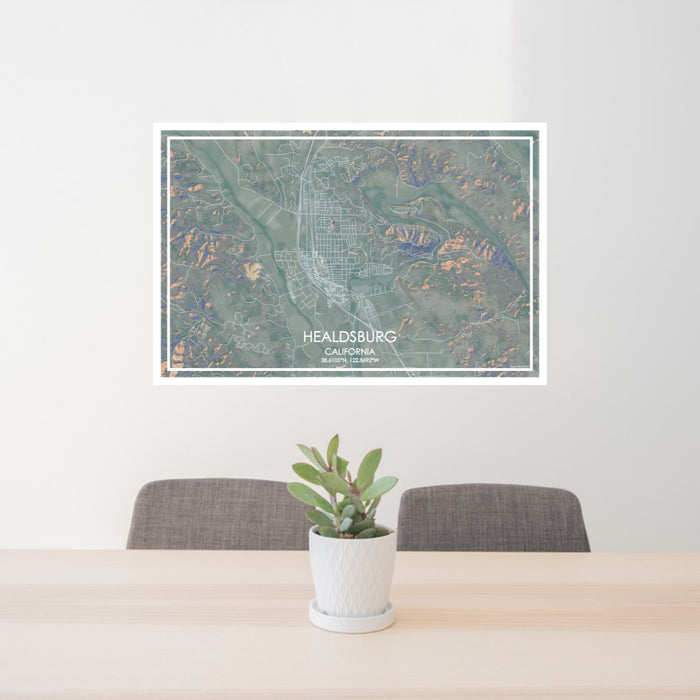 24x36 Healdsburg California Map Print Lanscape Orientation in Afternoon Style Behind 2 Chairs Table and Potted Plant