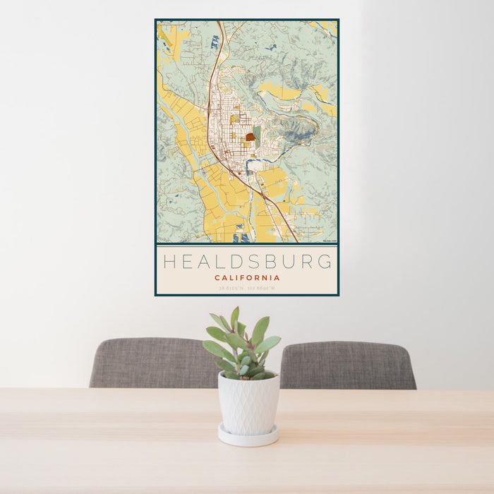 24x36 Healdsburg California Map Print Portrait Orientation in Woodblock Style Behind 2 Chairs Table and Potted Plant