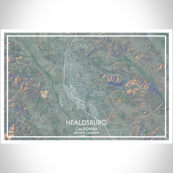 Healdsburg California Map Print Landscape Orientation in Afternoon Style With Shaded Background
