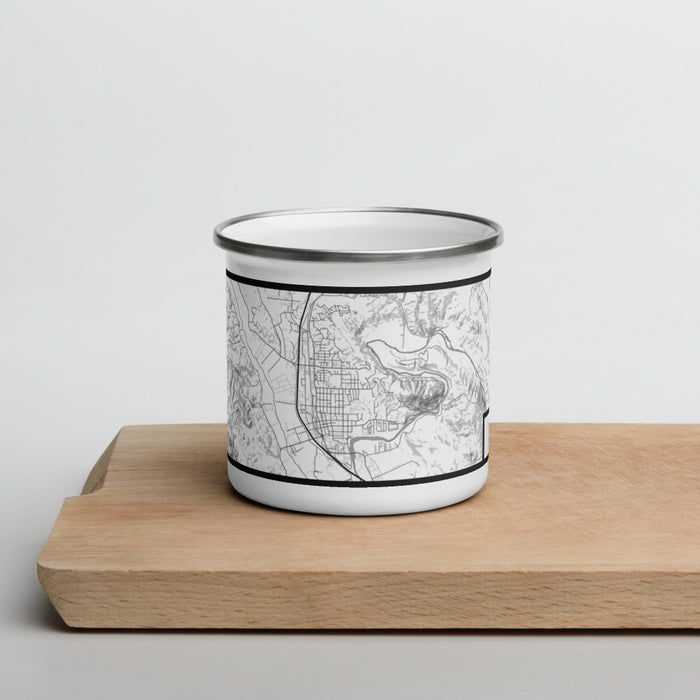 Front View Custom Healdsburg California Map Enamel Mug in Classic on Cutting Board