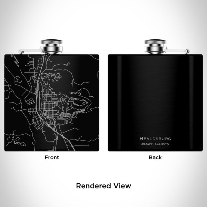 Rendered View of Healdsburg California Map Engraving on 6oz Stainless Steel Flask in Black