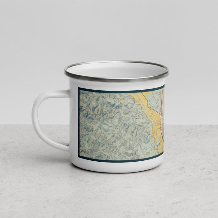 Left View Custom Healdsburg California Map Enamel Mug in Woodblock