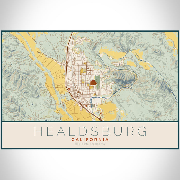 Healdsburg California Map Print Landscape Orientation in Woodblock Style With Shaded Background