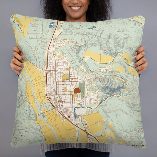 Person holding 22x22 Custom Healdsburg California Map Throw Pillow in Woodblock