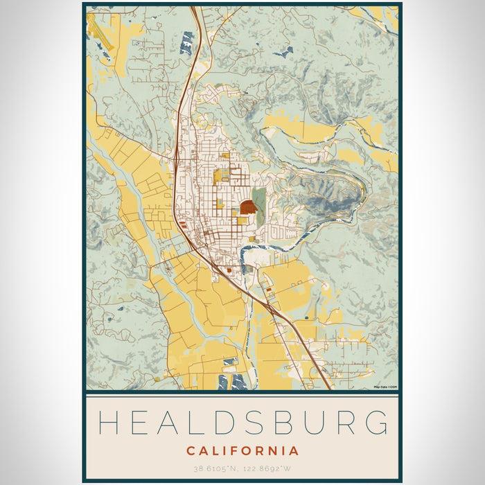 Healdsburg California Map Print Portrait Orientation in Woodblock Style With Shaded Background