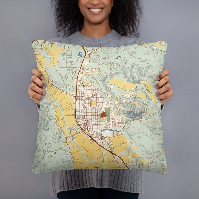 Person holding 18x18 Custom Healdsburg California Map Throw Pillow in Woodblock