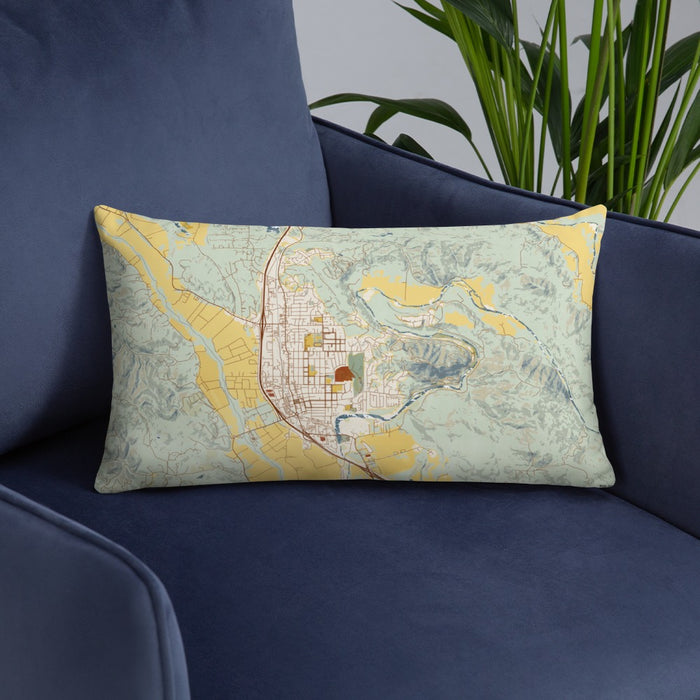 Custom Healdsburg California Map Throw Pillow in Woodblock on Blue Colored Chair