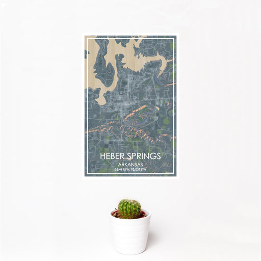 12x18 Heber Springs Arkansas Map Print Portrait Orientation in Afternoon Style With Small Cactus Plant in White Planter