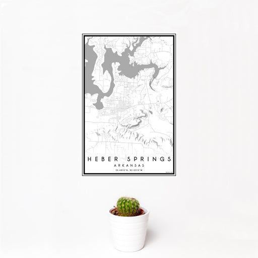 12x18 Heber Springs Arkansas Map Print Portrait Orientation in Classic Style With Small Cactus Plant in White Planter