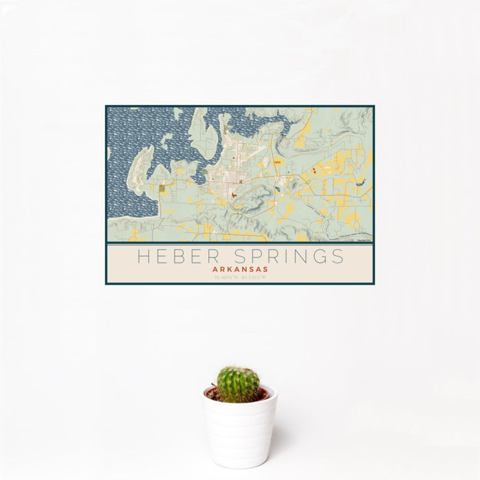 12x18 Heber Springs Arkansas Map Print Landscape Orientation in Woodblock Style With Small Cactus Plant in White Planter