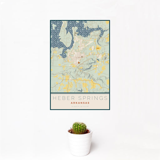 12x18 Heber Springs Arkansas Map Print Portrait Orientation in Woodblock Style With Small Cactus Plant in White Planter