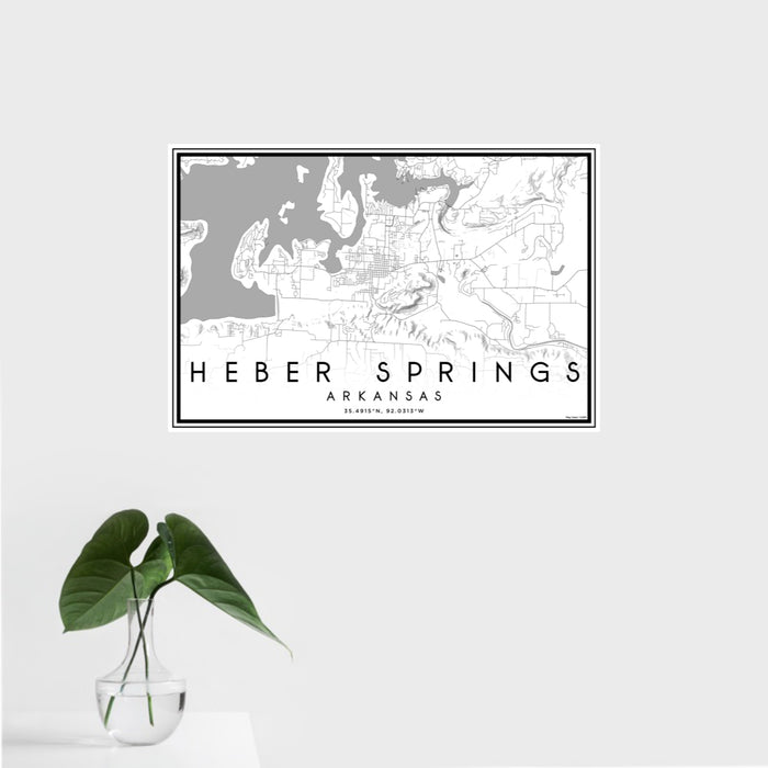 16x24 Heber Springs Arkansas Map Print Landscape Orientation in Classic Style With Tropical Plant Leaves in Water