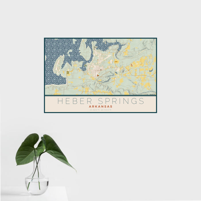 16x24 Heber Springs Arkansas Map Print Landscape Orientation in Woodblock Style With Tropical Plant Leaves in Water
