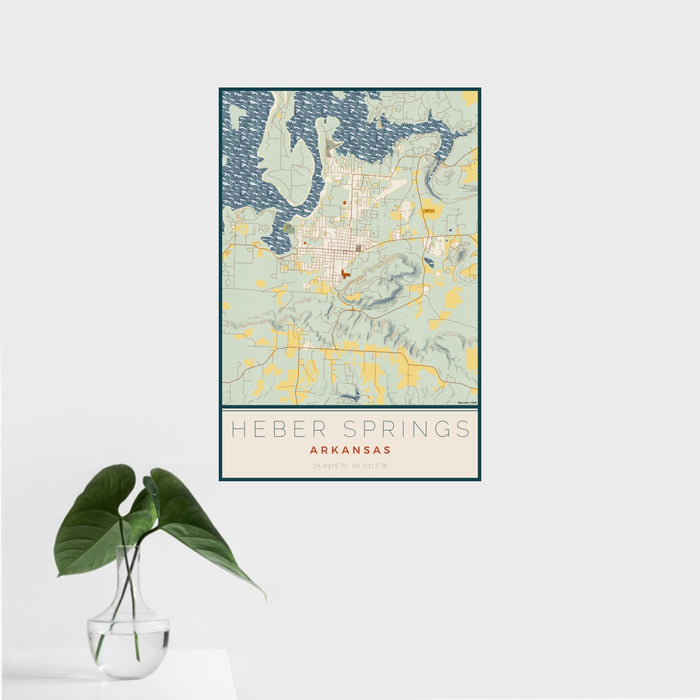 16x24 Heber Springs Arkansas Map Print Portrait Orientation in Woodblock Style With Tropical Plant Leaves in Water