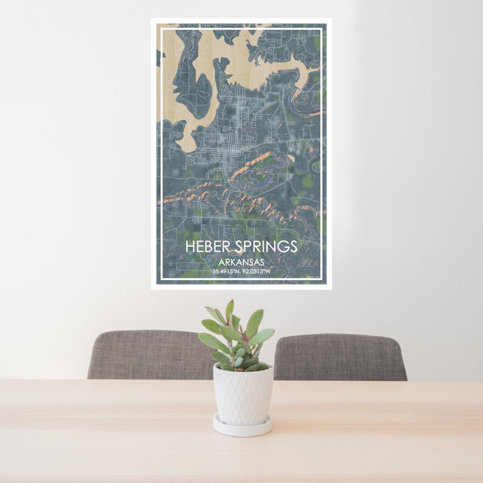 24x36 Heber Springs Arkansas Map Print Portrait Orientation in Afternoon Style Behind 2 Chairs Table and Potted Plant