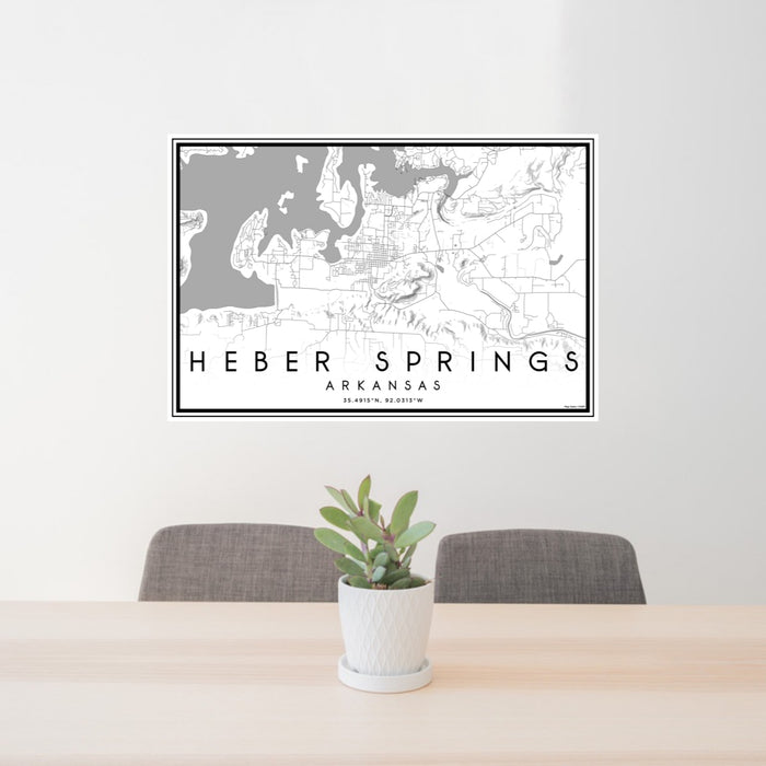 24x36 Heber Springs Arkansas Map Print Lanscape Orientation in Classic Style Behind 2 Chairs Table and Potted Plant