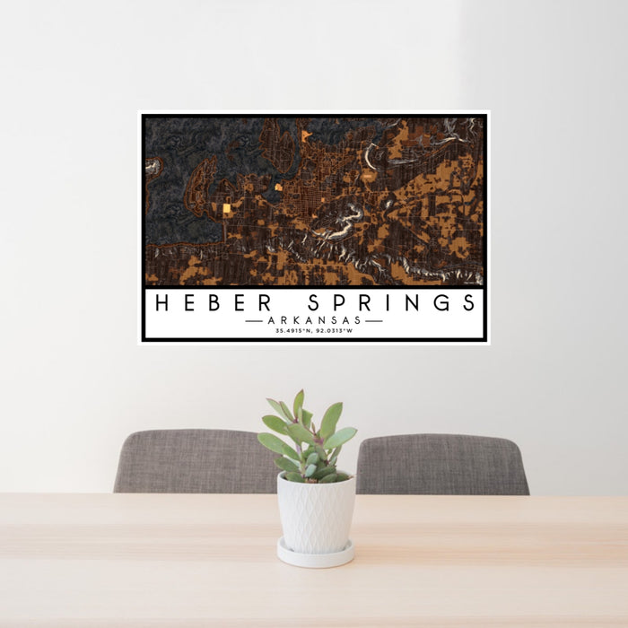 24x36 Heber Springs Arkansas Map Print Lanscape Orientation in Ember Style Behind 2 Chairs Table and Potted Plant