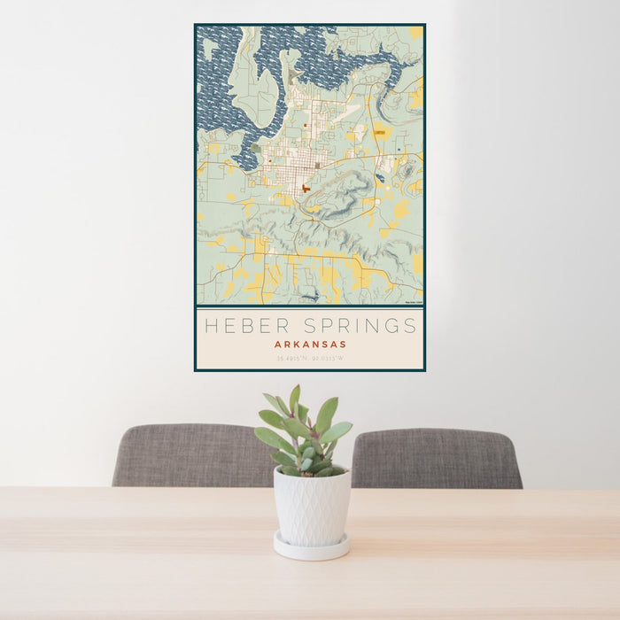 24x36 Heber Springs Arkansas Map Print Portrait Orientation in Woodblock Style Behind 2 Chairs Table and Potted Plant