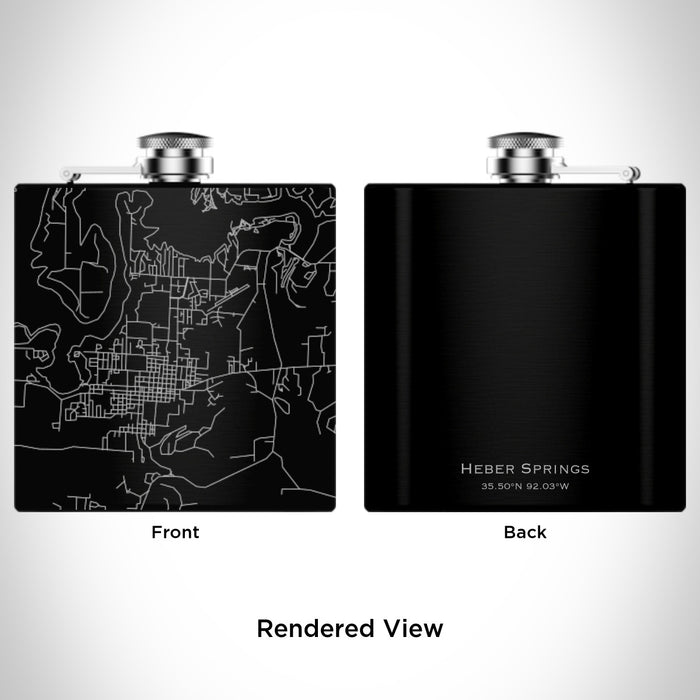 Rendered View of Heber Springs Arkansas Map Engraving on 6oz Stainless Steel Flask in Black