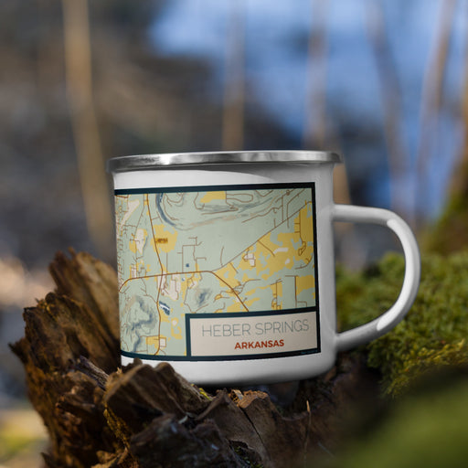 Right View Custom Heber Springs Arkansas Map Enamel Mug in Woodblock on Grass With Trees in Background