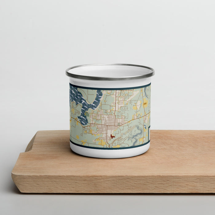 Front View Custom Heber Springs Arkansas Map Enamel Mug in Woodblock on Cutting Board