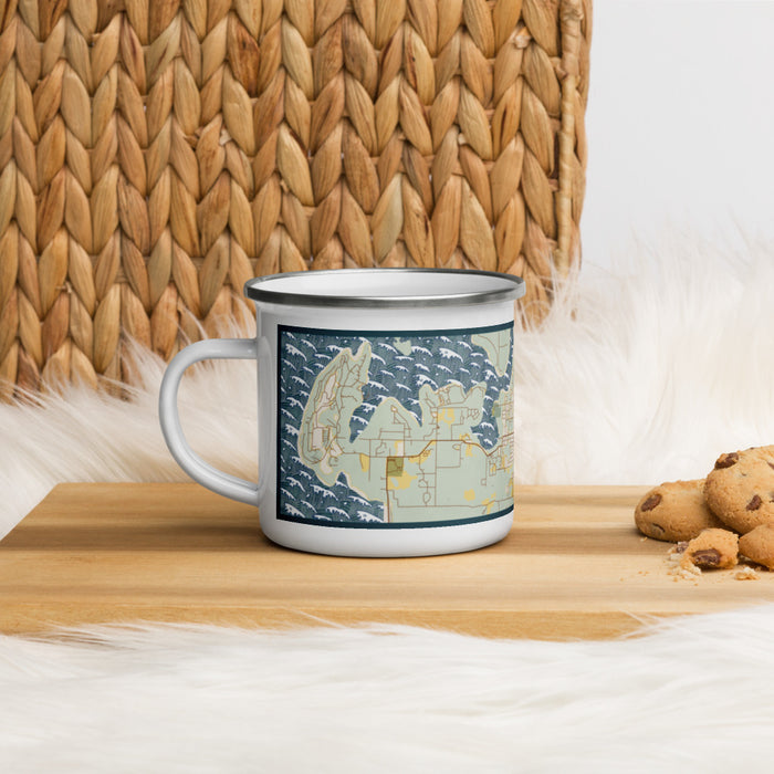 Left View Custom Heber Springs Arkansas Map Enamel Mug in Woodblock on Table Top