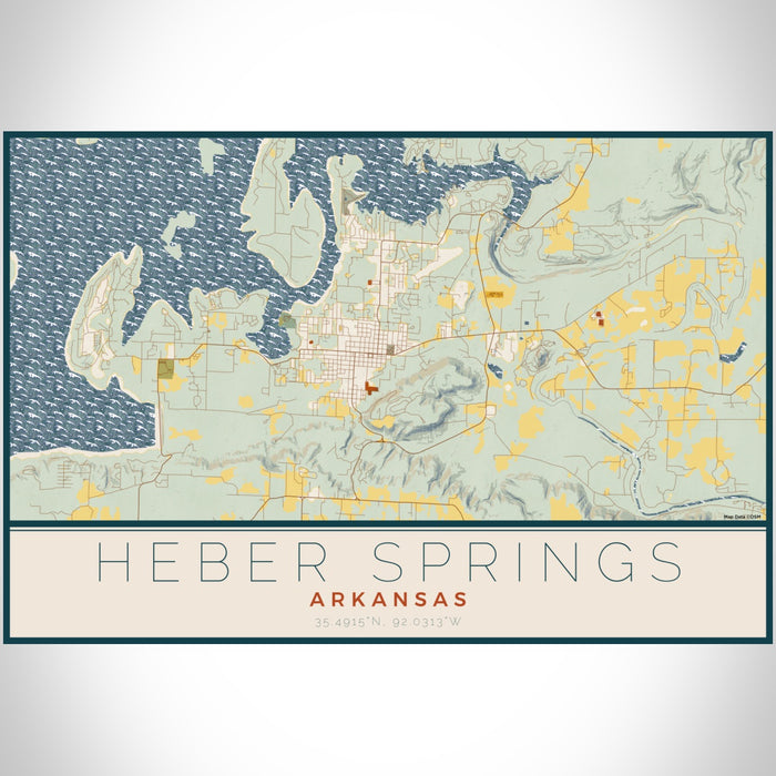 Heber Springs Arkansas Map Print Landscape Orientation in Woodblock Style With Shaded Background