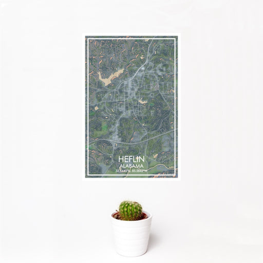 12x18 Heflin Alabama Map Print Portrait Orientation in Afternoon Style With Small Cactus Plant in White Planter
