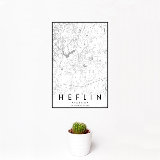 12x18 Heflin Alabama Map Print Portrait Orientation in Classic Style With Small Cactus Plant in White Planter