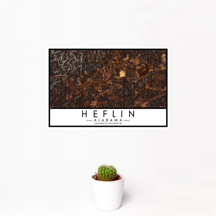12x18 Heflin Alabama Map Print Landscape Orientation in Ember Style With Small Cactus Plant in White Planter