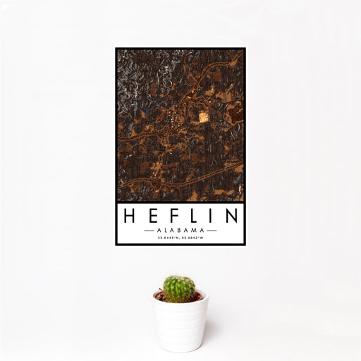 12x18 Heflin Alabama Map Print Portrait Orientation in Ember Style With Small Cactus Plant in White Planter