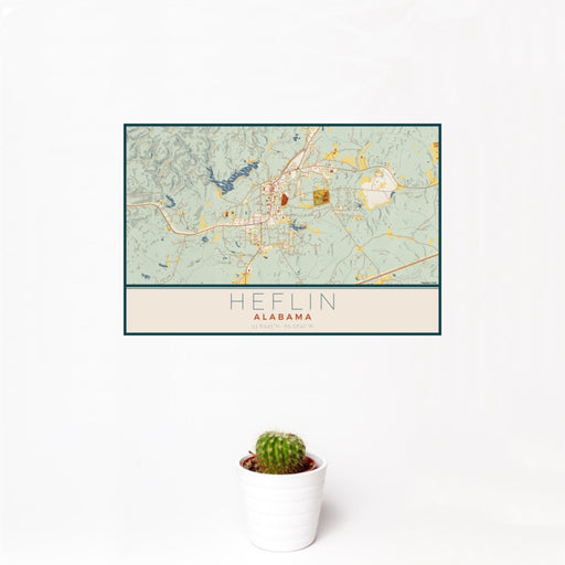 12x18 Heflin Alabama Map Print Landscape Orientation in Woodblock Style With Small Cactus Plant in White Planter