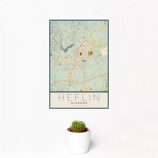 12x18 Heflin Alabama Map Print Portrait Orientation in Woodblock Style With Small Cactus Plant in White Planter