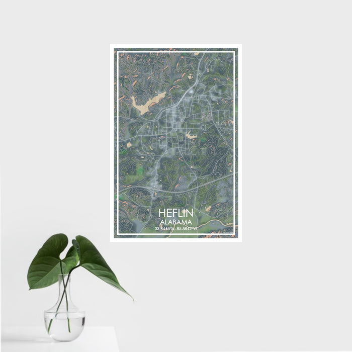 16x24 Heflin Alabama Map Print Portrait Orientation in Afternoon Style With Tropical Plant Leaves in Water